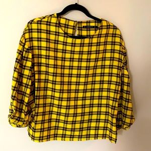 Zara yellow plaid puff-sleeve shirt
